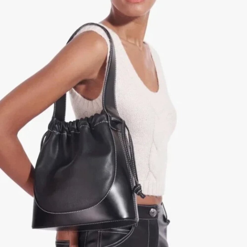 STAUD Cinch Bucket Bag Black Leather NWOT Contrast Stitch 90s Minimalist